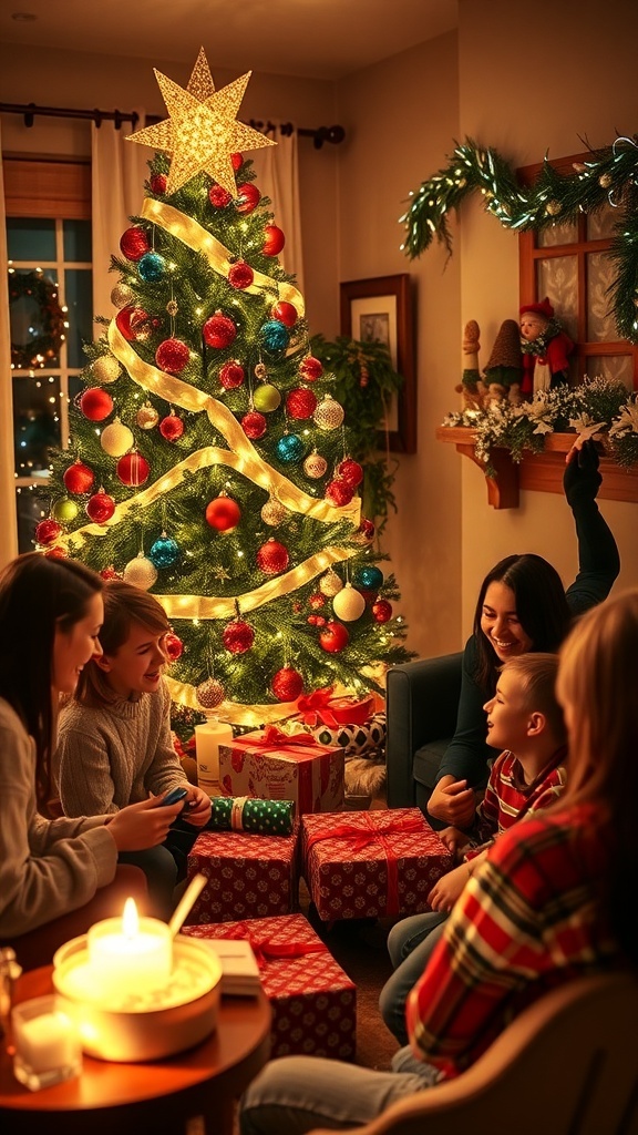 A family celebrating Christmas in a decorated living room, capturing the joy of the holiday season.